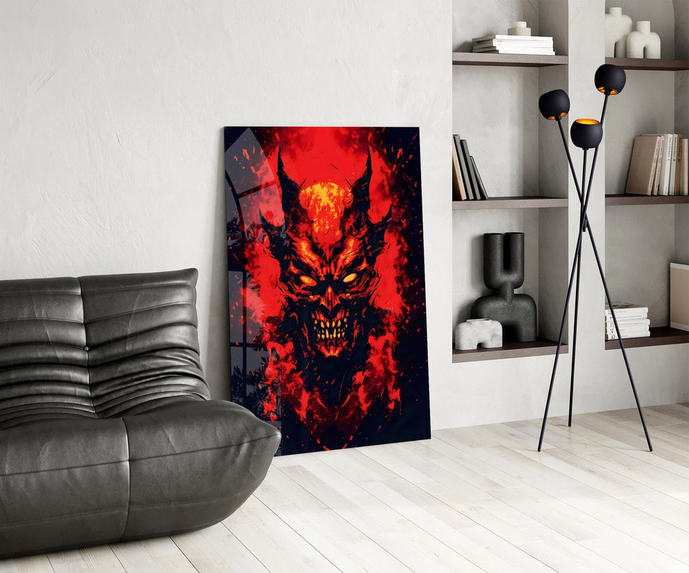 Burning Red Horned Demon Face Glass Wall Art