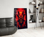 Burning Red Horned Demon Face Glass Wall Art