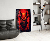 Burning Red Horned Demon Face Glass Wall Art