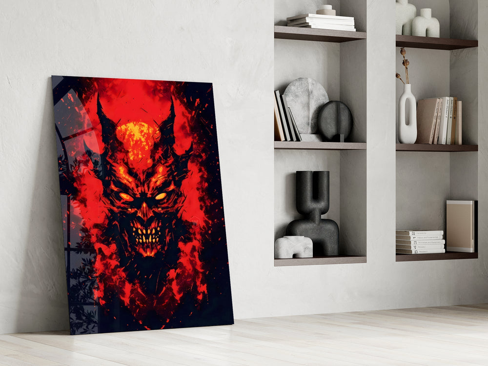 Burning Red Horned Demon Face Glass Wall Art