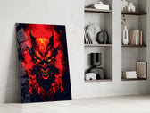 Burning Red Horned Demon Face Glass Wall Art