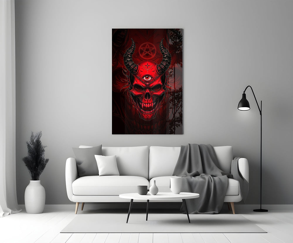 Third Eye Red Horned Skull Glass Wall Art