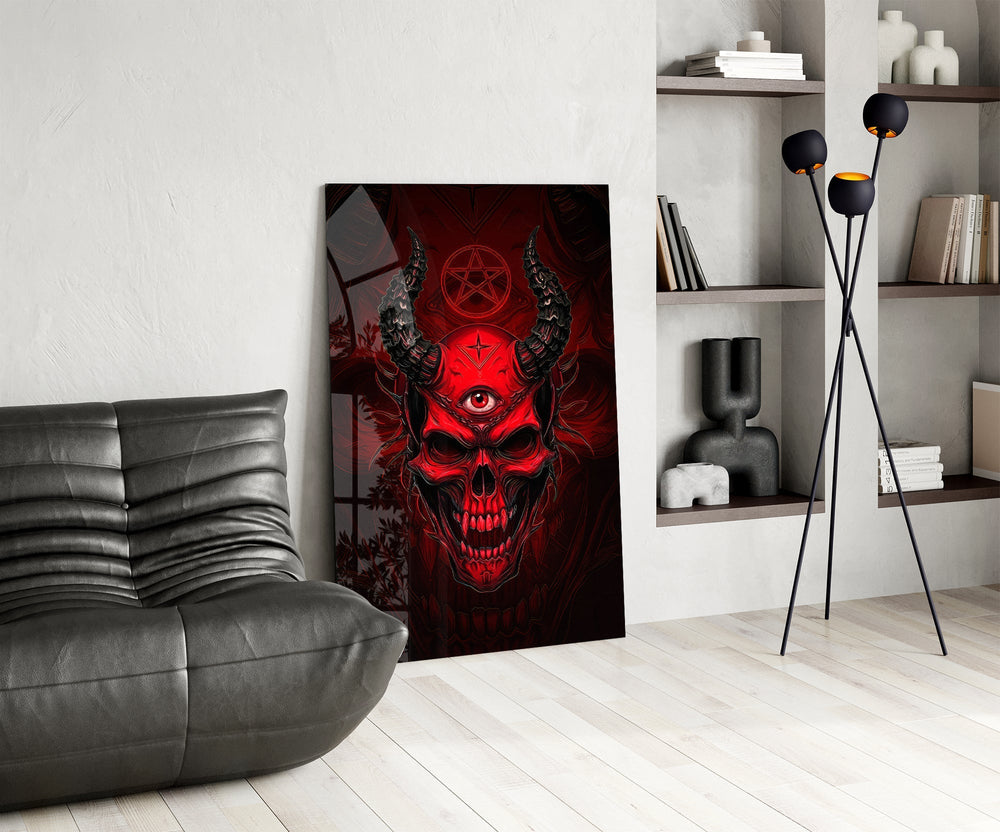 Third Eye Red Horned Skull Glass Wall Art