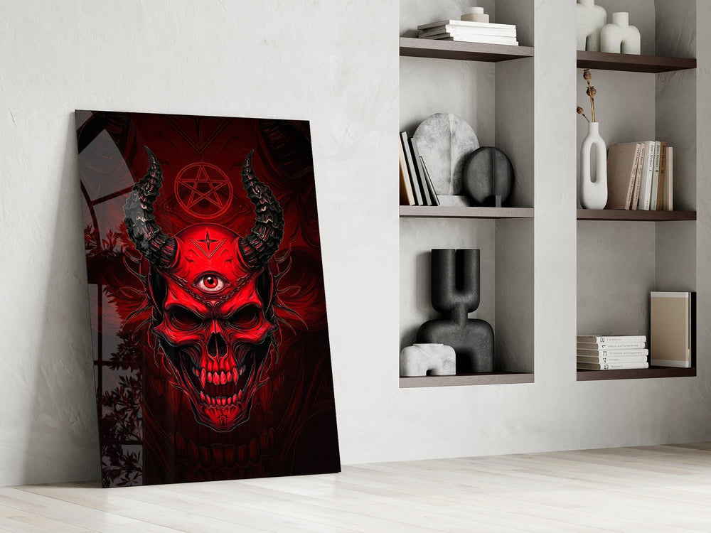 Third Eye Red Horned Skull Glass Wall Art