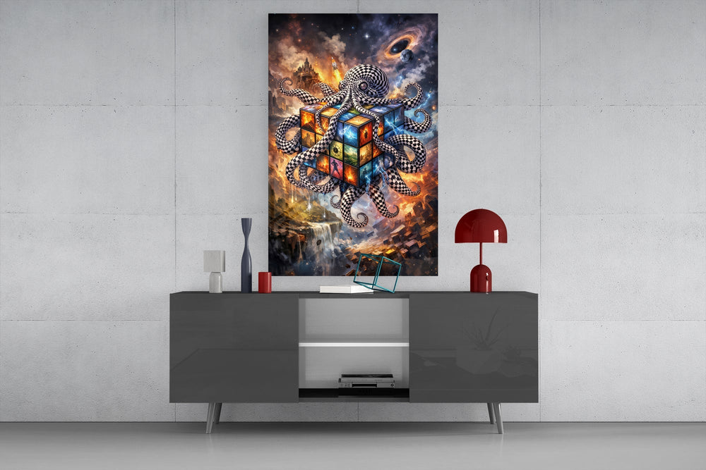 Checkered Octopus Cosmic Puzzle Cube Glass Wall Art