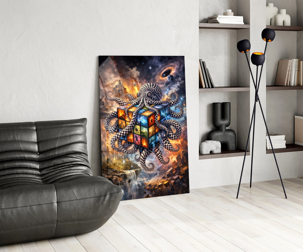 Checkered Octopus Cosmic Puzzle Cube Glass Wall Art