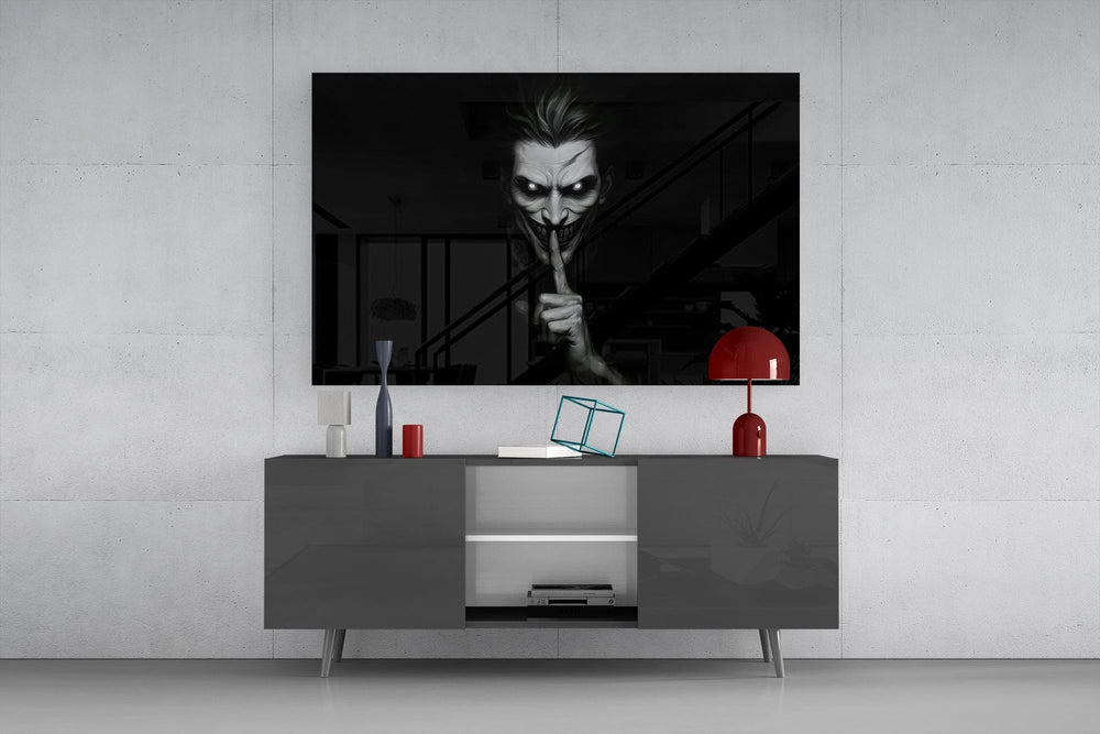 Hush Monochrome Grinning Trickster Glass Wall Art