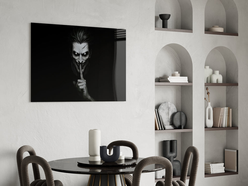 Hush Monochrome Grinning Trickster Glass Wall Art