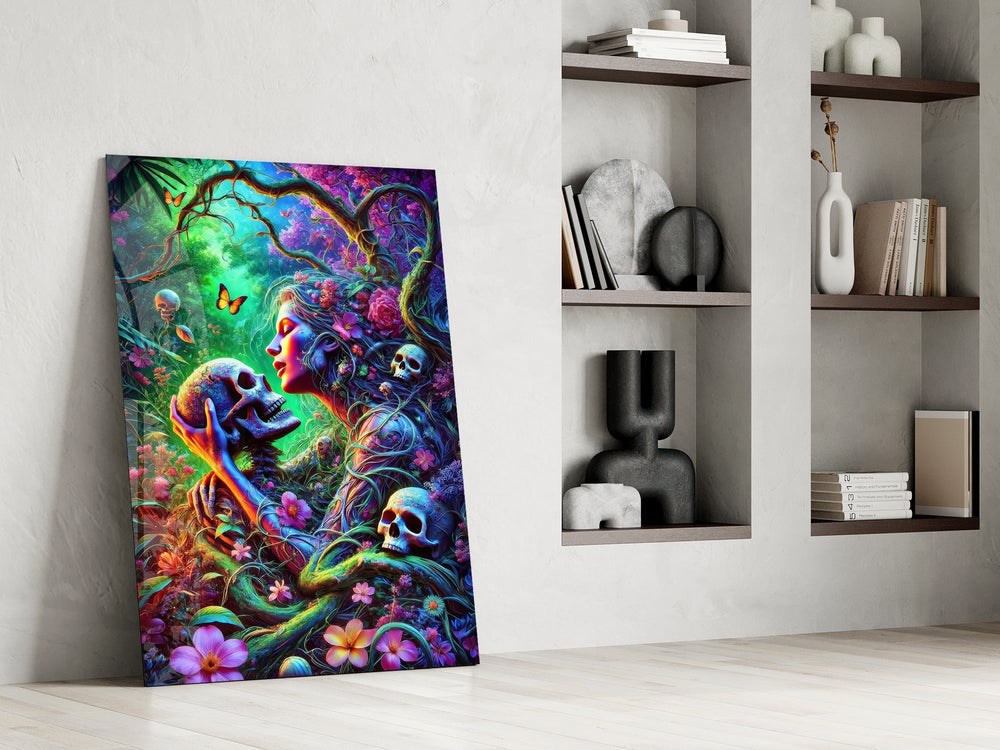 Neon Jungle Flower Goddess Skull Glass Wall Art