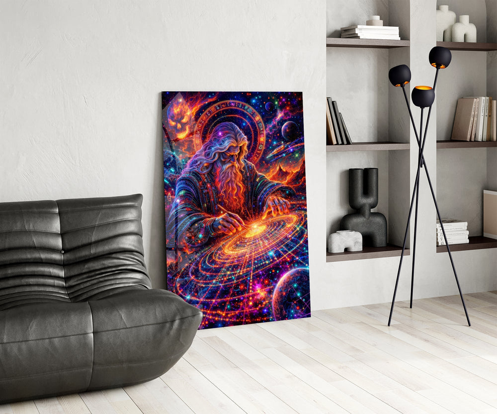 Neon Cosmic Wizard Spinning Galaxy Glass Wall Art