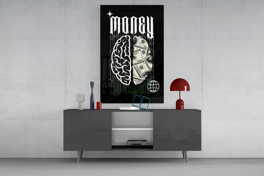 Money Brain Gothic Type Black Glass Wall Art