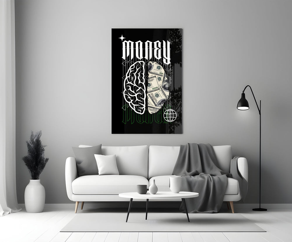 Money Brain Gothic Type Black Glass Wall Art