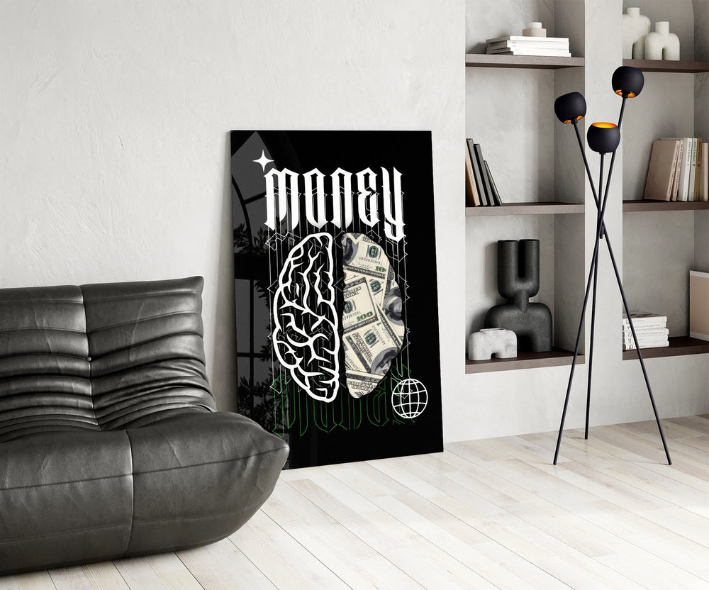 Money Brain Gothic Type Black Glass Wall Art