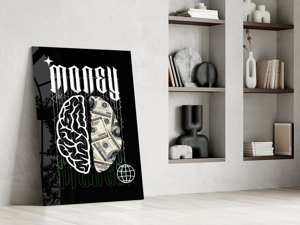 Money Brain Gothic Type Black Glass Wall Art