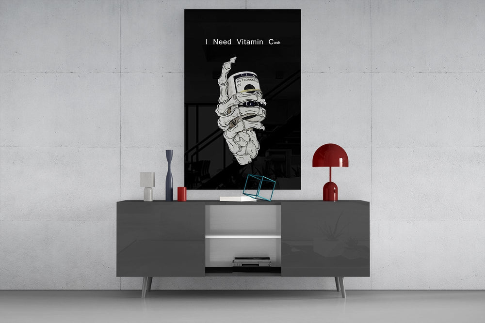 Vitamin Cash Skeleton Hand Money Glass Wall Art