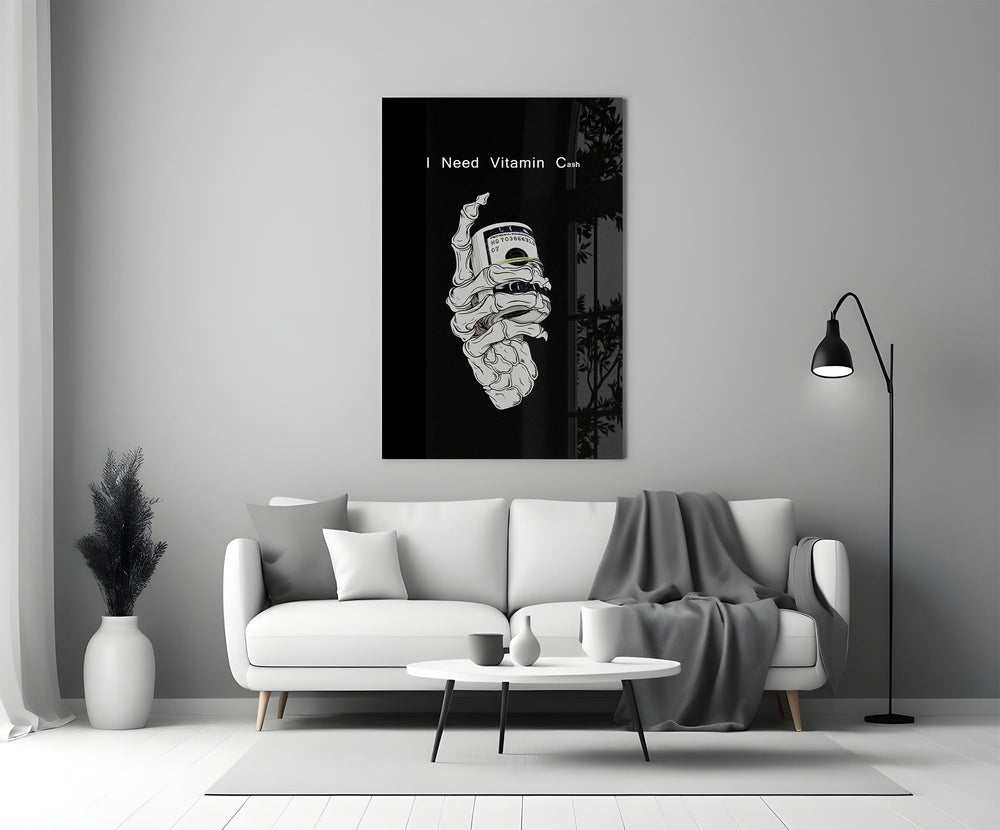 Vitamin Cash Skeleton Hand Money Glass Wall Art