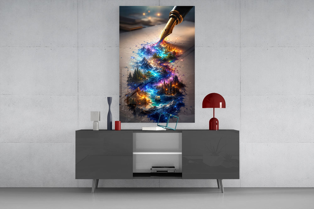 Fountain Pen Ink Fantasy World Glass Wall Art