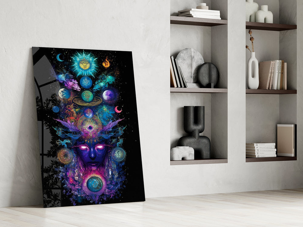 Cosmic Third Eye Deity Planets Glass Wall Art