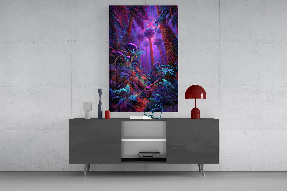 Neon Purple Jungle Glowing Rainforest Glass Wall Art