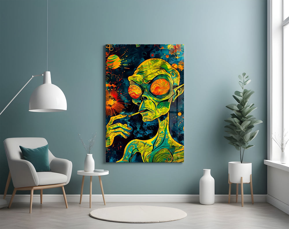 Green Alien Smoking Psychedelic Glass Wall Art