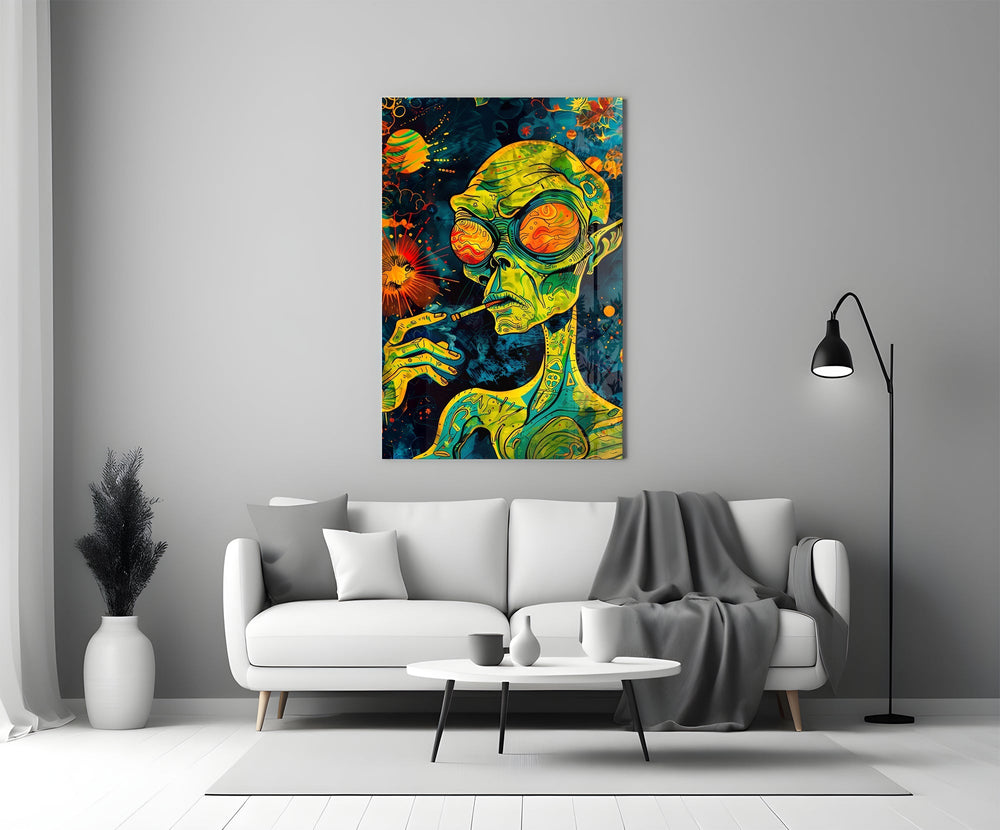 Green Alien Smoking Psychedelic Glass Wall Art