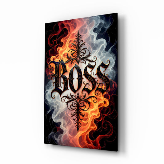 Boss Blackletter Fire and Smoke Glass Wall Art