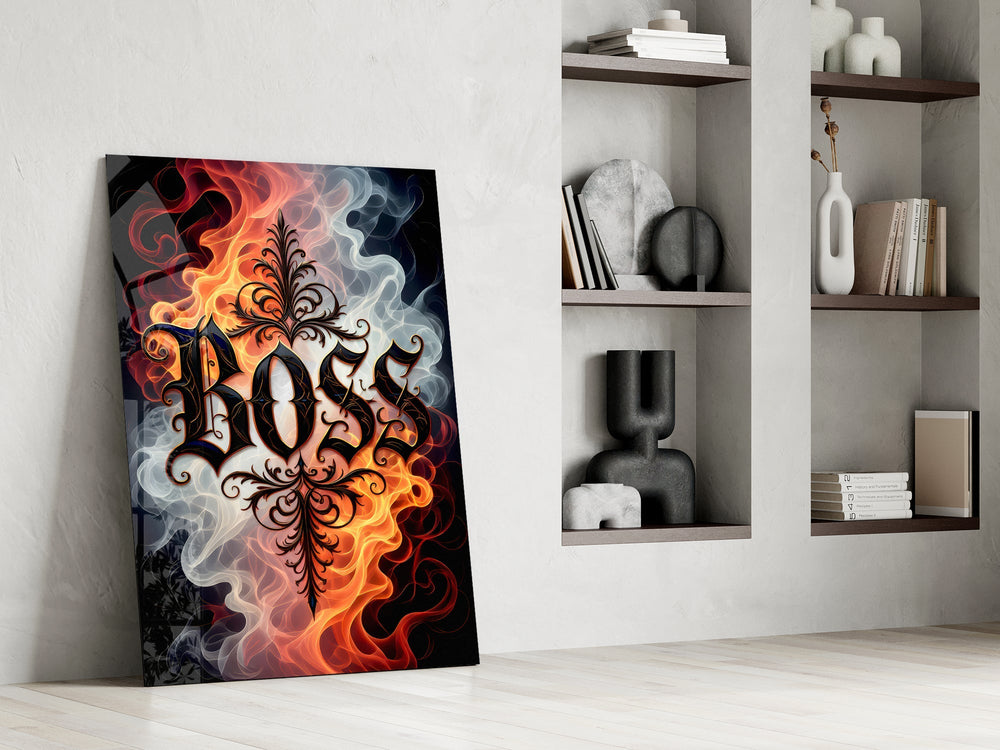 Boss Blackletter Fire and Smoke Glass Wall Art