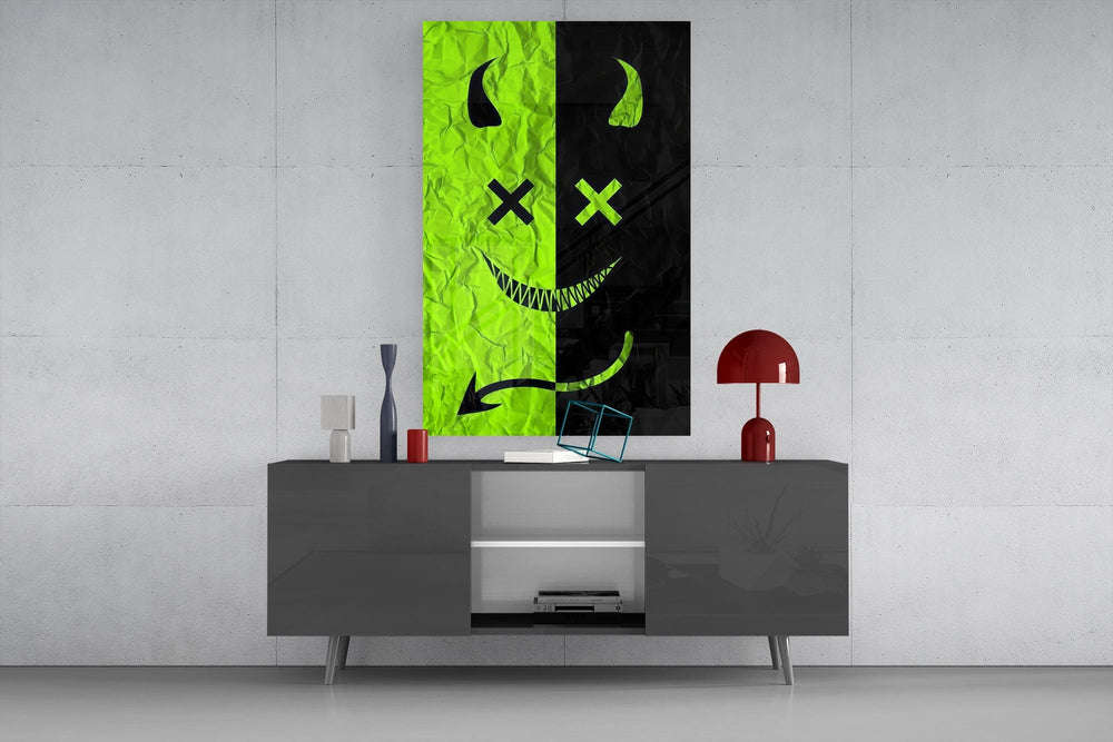 Split Neon Green Devil Smile Glass Wall Art