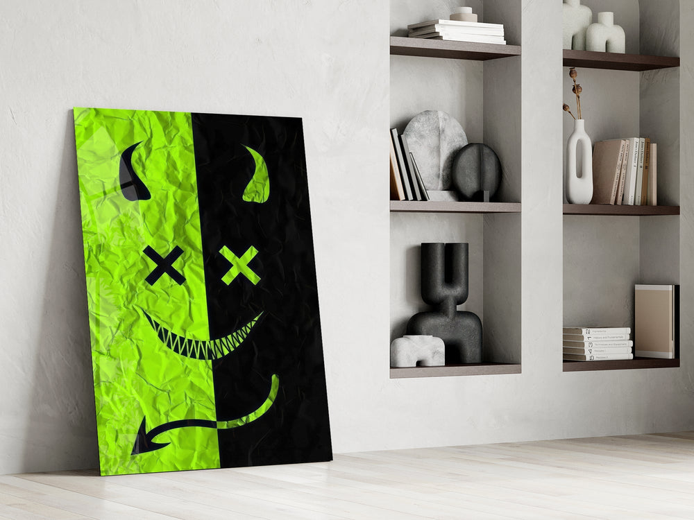 Split Neon Green Devil Smile Glass Wall Art
