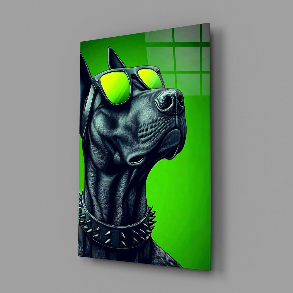 Lime Green Dog in Yellow Shades Glass Wall Art
