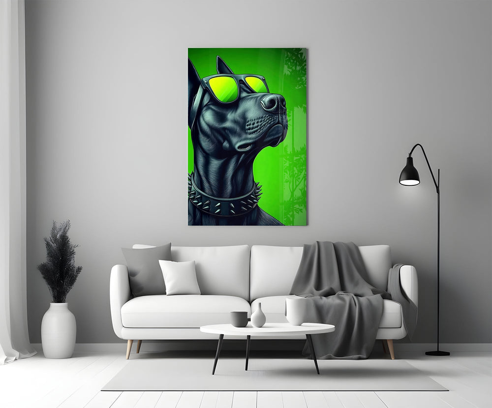 Lime Green Dog in Yellow Shades Glass Wall Art