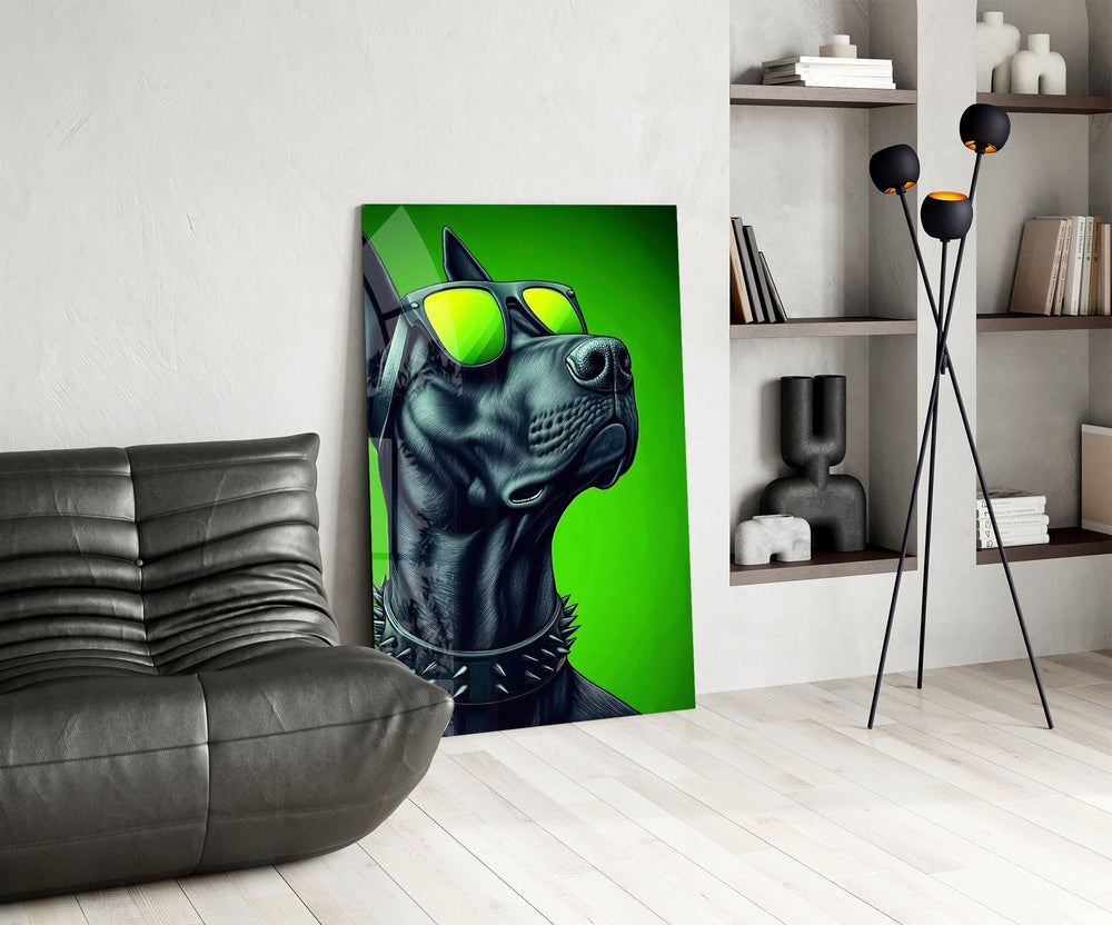 Lime Green Dog in Yellow Shades Glass Wall Art