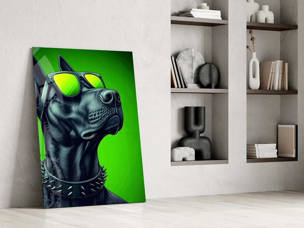 Lime Green Dog in Yellow Shades Glass Wall Art