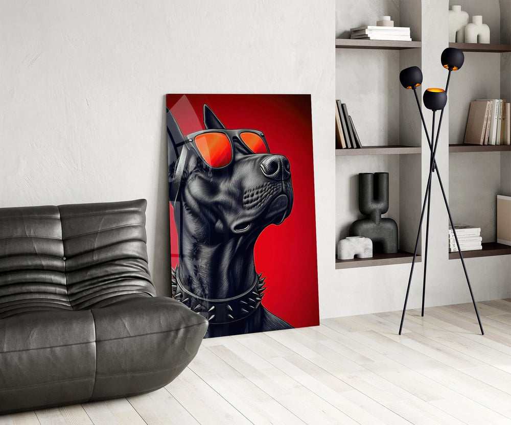 Crimson Red Dog in Mirrored Shades Glass Wall Art