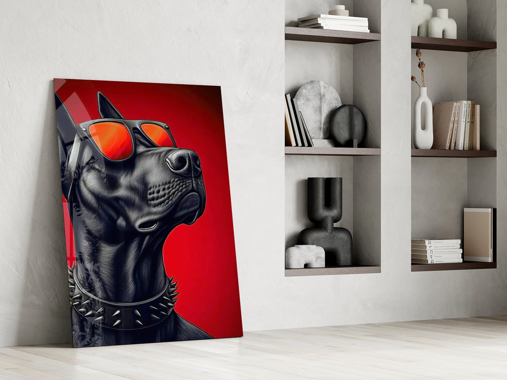 Crimson Red Dog in Mirrored Shades Glass Wall Art