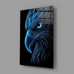 Neon Blue Eagle Head on Black Glass Wall Art