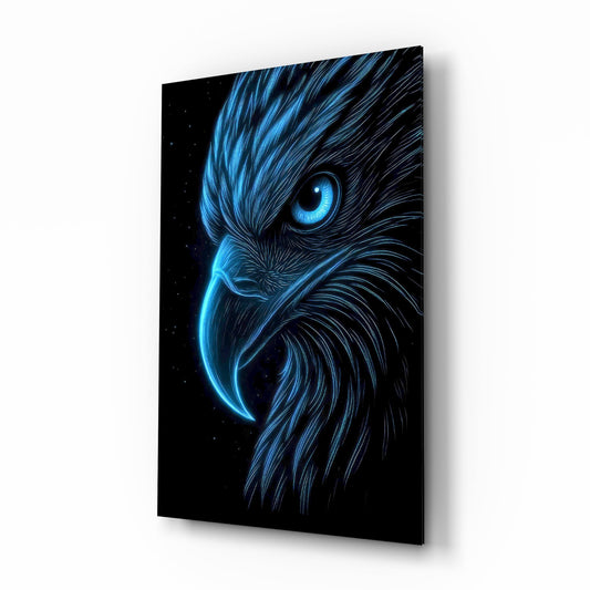 Neon Blue Eagle Head on Black Glass Wall Art