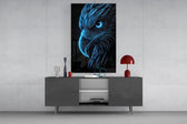 Neon Blue Eagle Head on Black Glass Wall Art