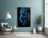 Neon Blue Eagle Head on Black Glass Wall Art