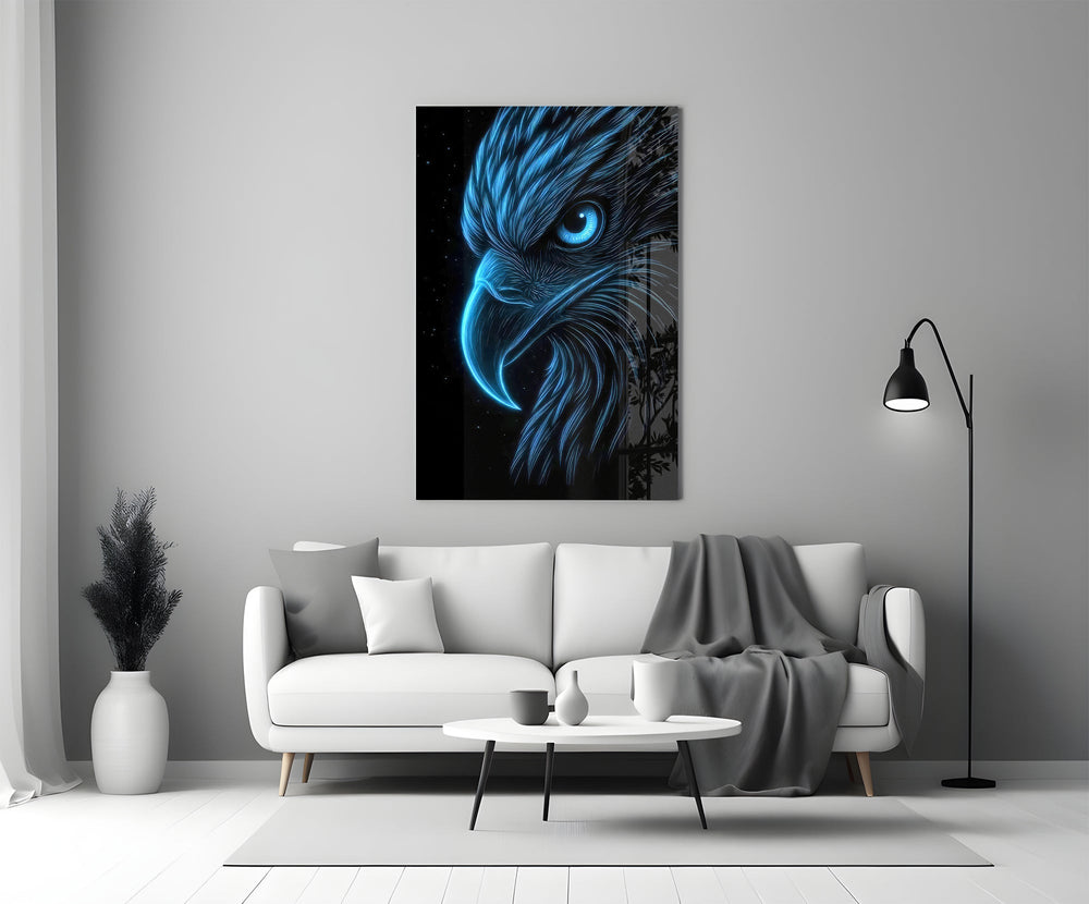 Neon Blue Eagle Head on Black Glass Wall Art