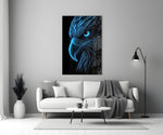 Neon Blue Eagle Head on Black Glass Wall Art