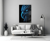 Neon Blue Eagle Head on Black Glass Wall Art