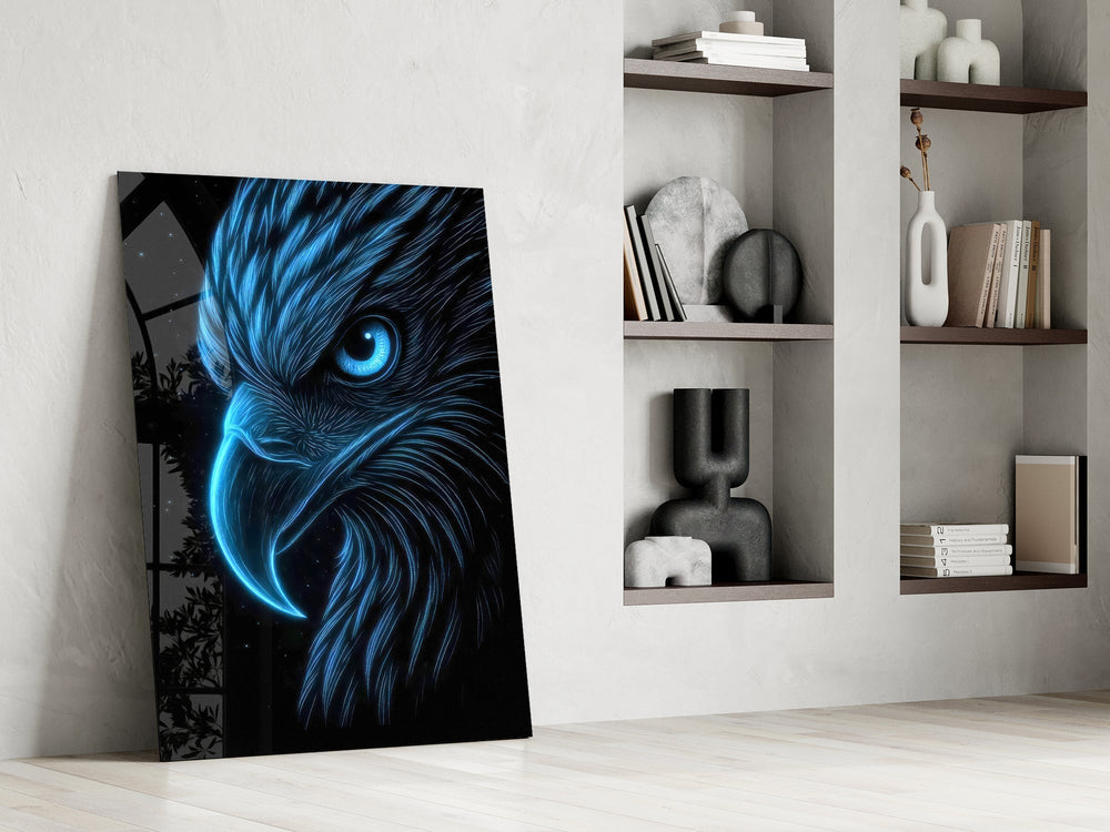 Neon Blue Eagle Head on Black Glass Wall Art