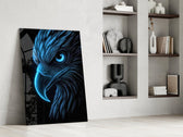 Neon Blue Eagle Head on Black Glass Wall Art
