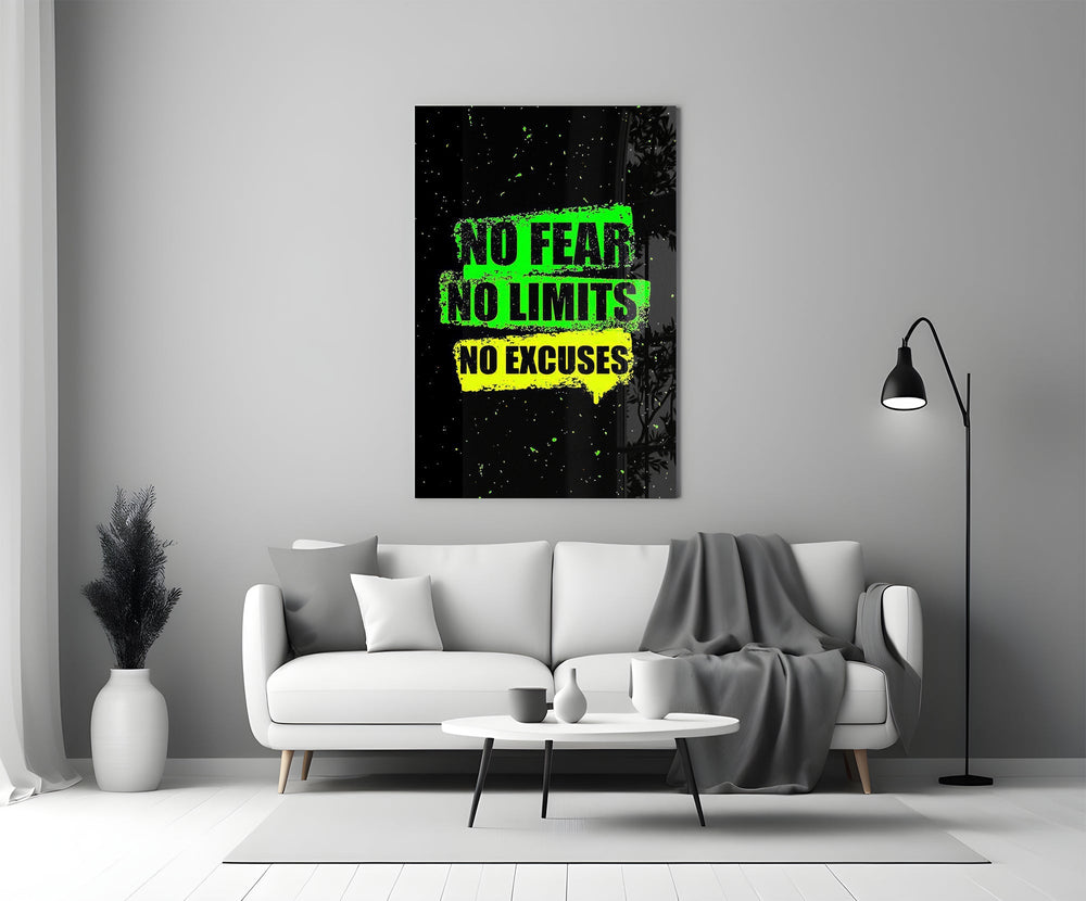 No Limits No Excuses Neon Green Glass Wall Art