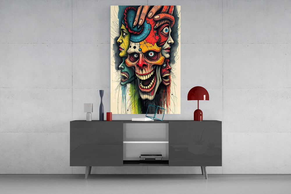 Many Faces Surreal Screaming Skull Glass Wall Art