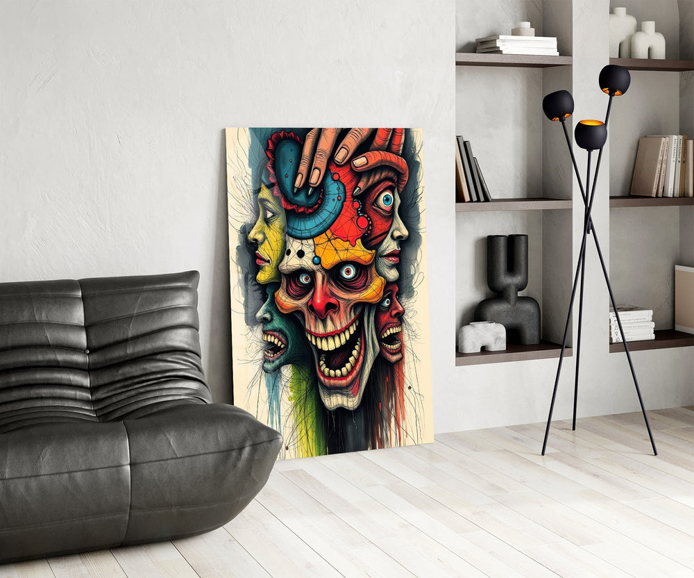 Many Faces Surreal Screaming Skull Glass Wall Art