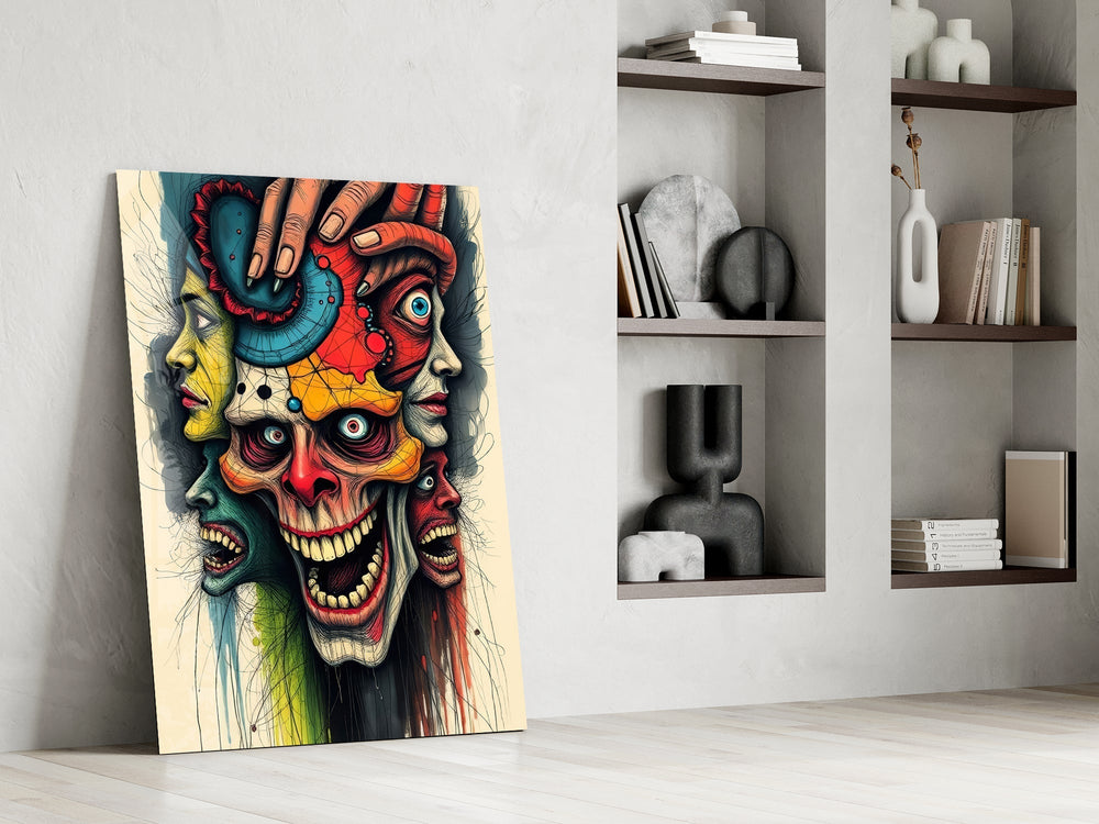 Many Faces Surreal Screaming Skull Glass Wall Art