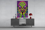 Neon Alien Face Psychedelic Mushroom Glass Wall Art