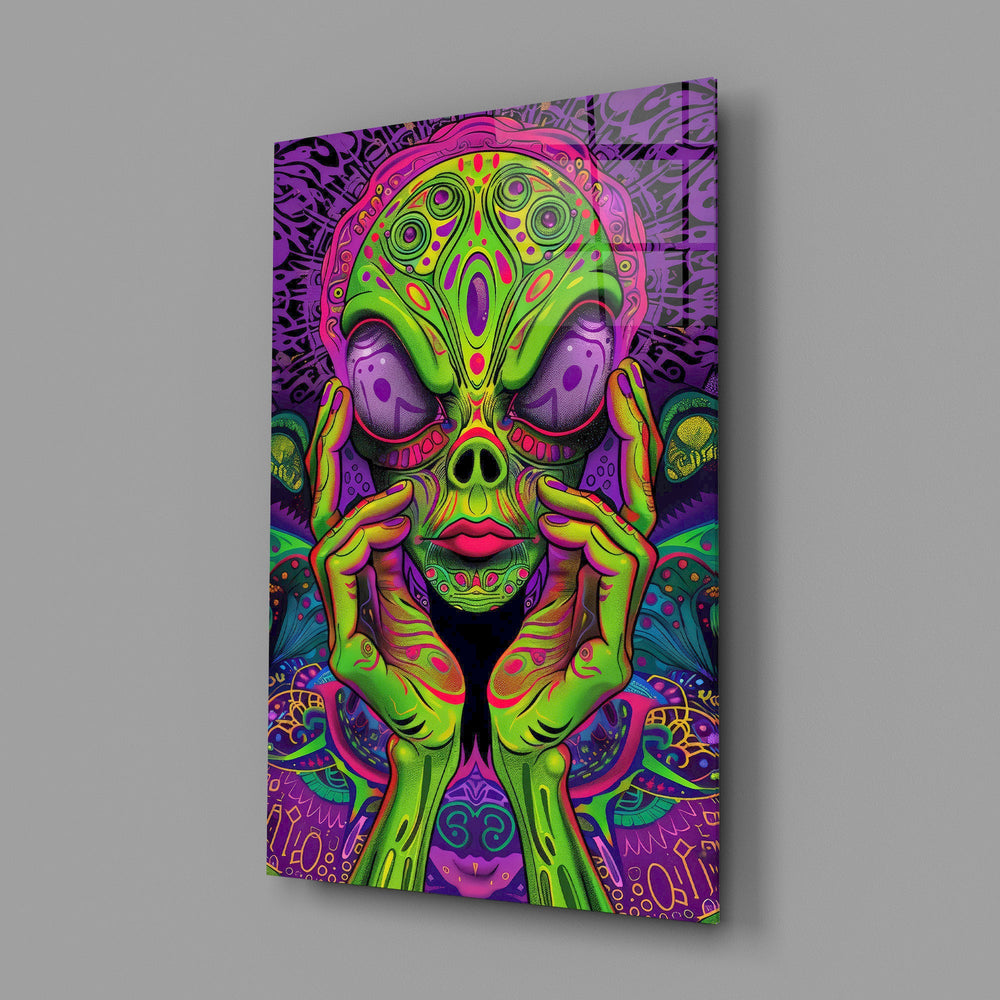 Neon Alien Face Psychedelic Mushroom Glass Wall Art